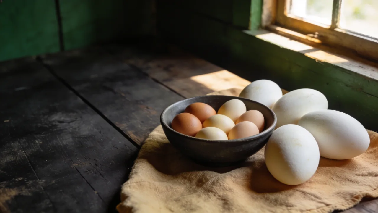 Chicken and duck eggs on a rustic wooden table