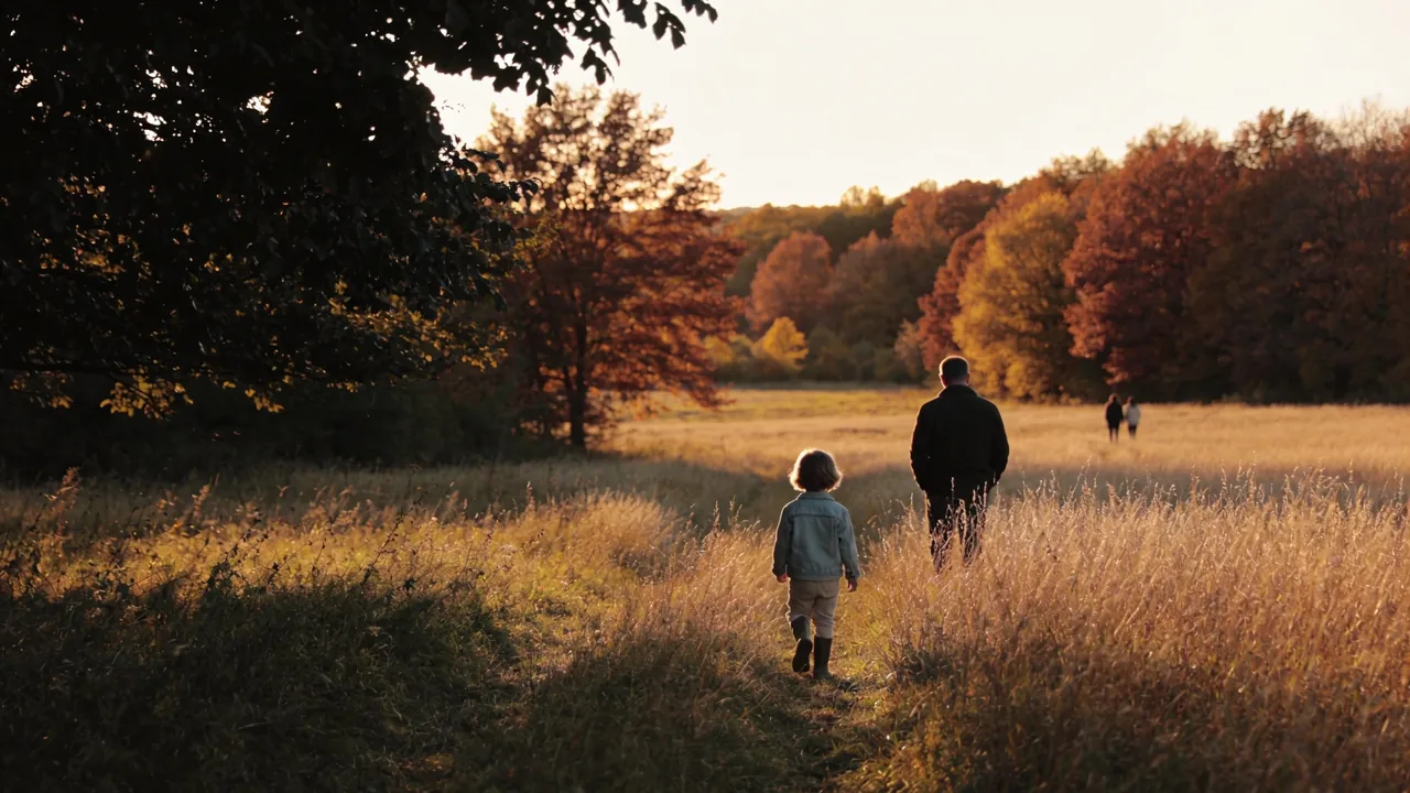 Illustrative autumn scene of a child and adult walking through golden pasture