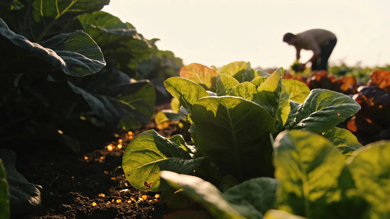 Sunlit leafy garden rows with a person harvesting in the distance